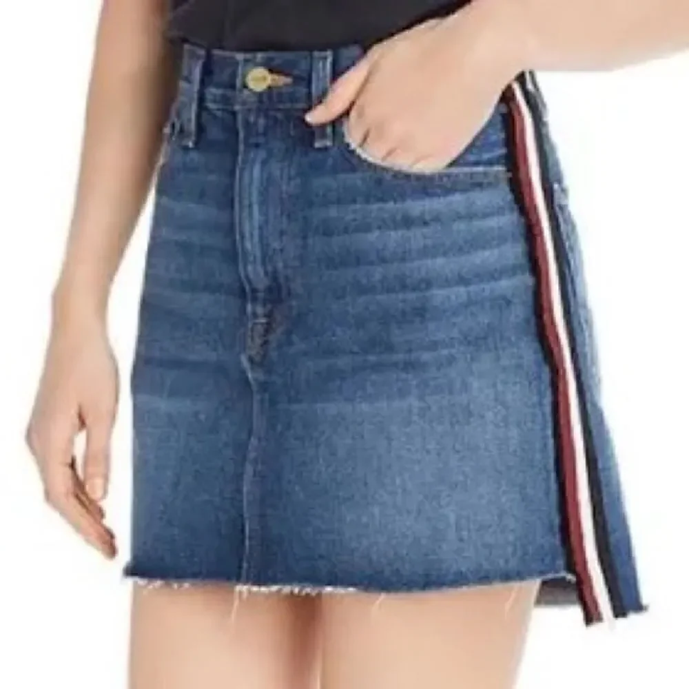 Frame Denim Mini Skirt with Raw Staggered Hem and Side Stripe/Fringe. Size 25.